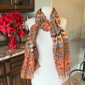 Colorful Scarf Earth Tones Aztec Lightweight Coral Brown Yellow Green